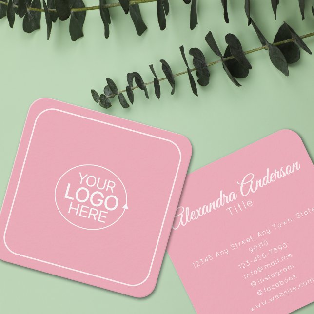 Cartão De Visita Quadrado Mínimo Adicione Sua Caligrafia Rosa Esbranquiçada  (Minimal Add Your Logo Blush Pink Calligraphy Square Business Card )