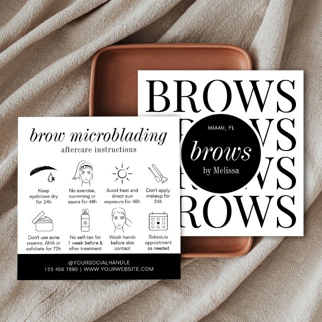 Cartão De Visita Quadrado Mínimo de Brows Laminando Microbexiga Após Cuidado (Brows microblading & lamination aftercare instructions cards with icons)