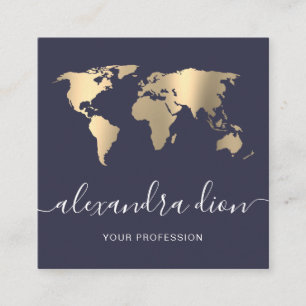 Cartão De Visita Quadrado Mínimo de mapa do mundo azul elegante