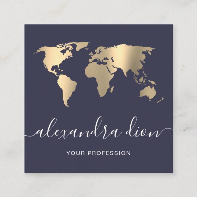 Cartão De Visita Quadrado Mínimo de mapa do mundo azul elegante (Frente)