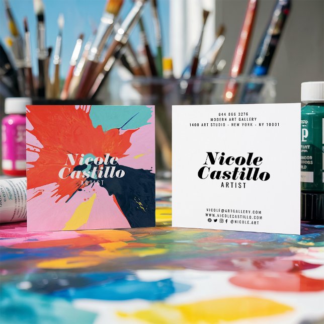 Cartão De Visita Quadrado Mínimo de pintura de abstrato laranja, artista mod (Modern artist orange abstract art paint minimalist)