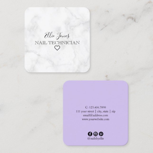 Cartão De Visita Quadrado Mínimo de unhas brancas e roxas modernas (Frente/Verso)
