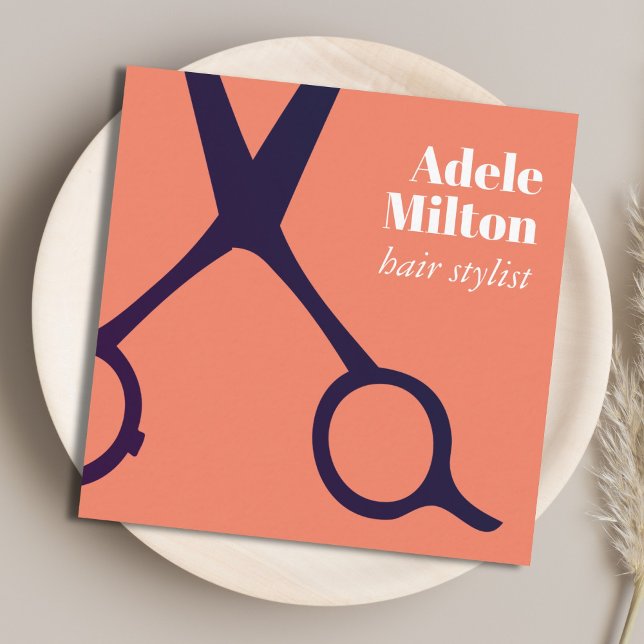 Cartão De Visita Quadrado Mínimo Elegante Salmão Azul Tesoura Hairstylist (Criador carregado)