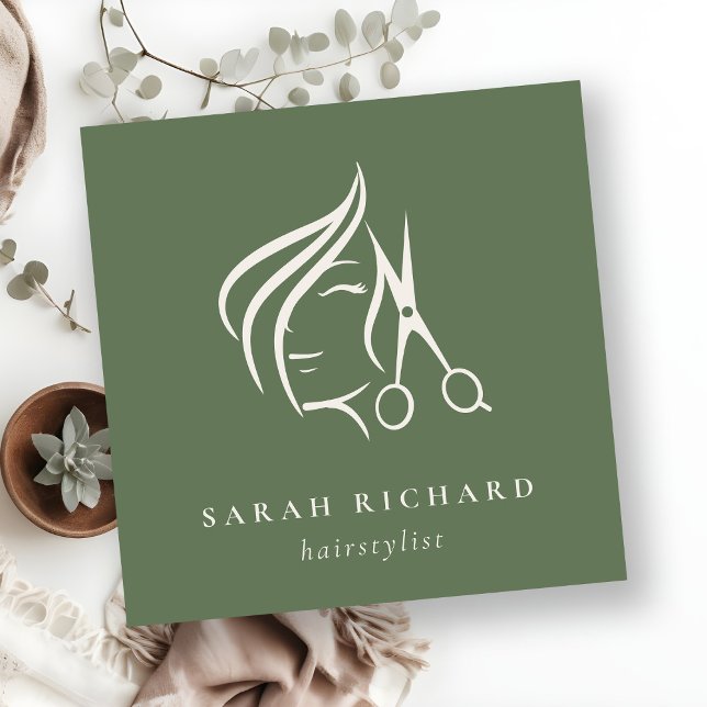 Cartão De Visita Quadrado Mínimo Hairstylist Dusky Moss Green Hair Scissor (Criador carregado)