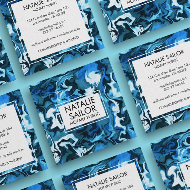 Cartão De Visita Quadrado Mínimo Mínimo de Marble Azul Público Notário Moder (Criador carregado)