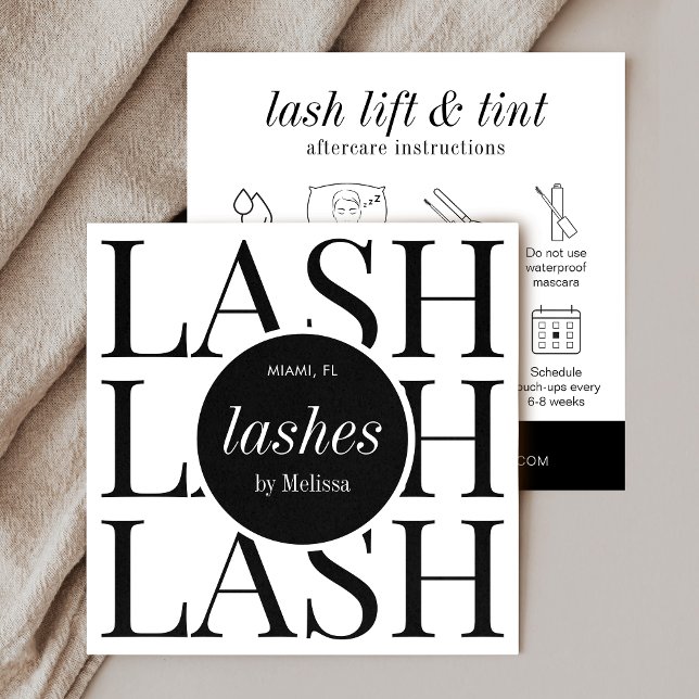 Cartão De Visita Quadrado Mínimo Preto Lash Branco Levantado e Tonalidade Ap (Lash lift and tint aftercare cards in minimalist black and white design with aftercare icons)
