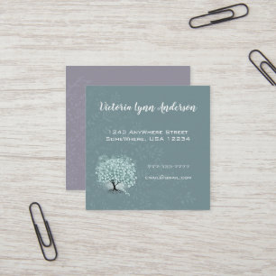 Cartão De Visita Quadrado Mint Teal Heart Leaf Tree Boho Floral e Penas