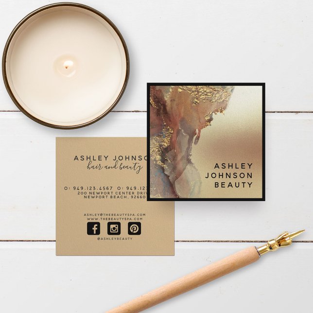 Cartão De Visita Quadrado Minúsculo moderno Mínimo Preto de Folha de Ouro (Criador carregado)