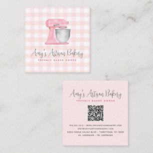 Cartão De Visita Quadrado Misturador de Cozinha Código QR Gingham Rosa Bege