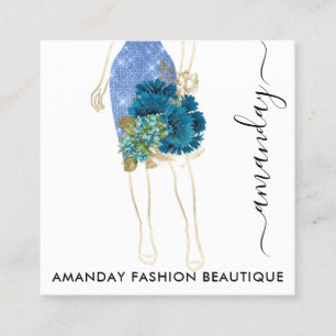 Cartão De Visita Quadrado Moda Dourada Floral Azul Marinho Vestido Compro QR