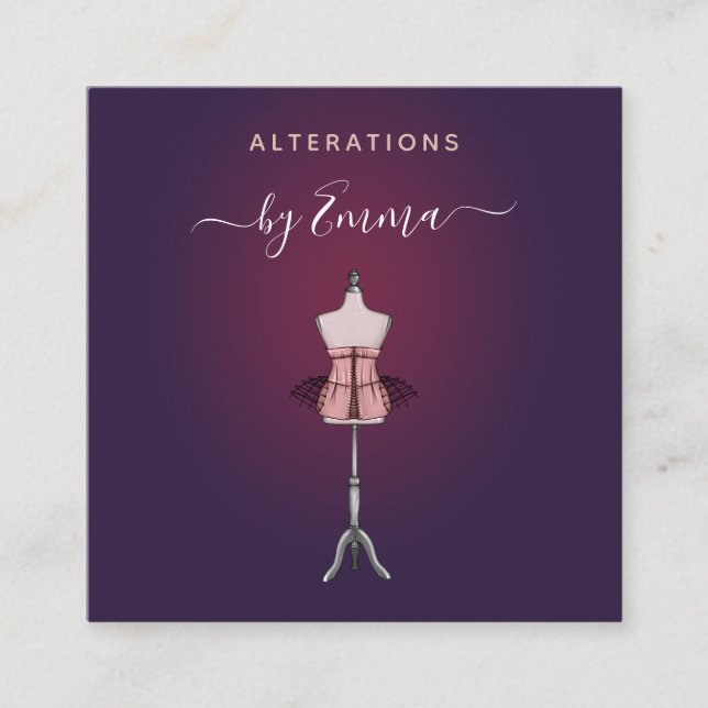 Cartão De Visita Quadrado Moda Rosa Dourada Mannequin Burgundy Seamstress (Frente)