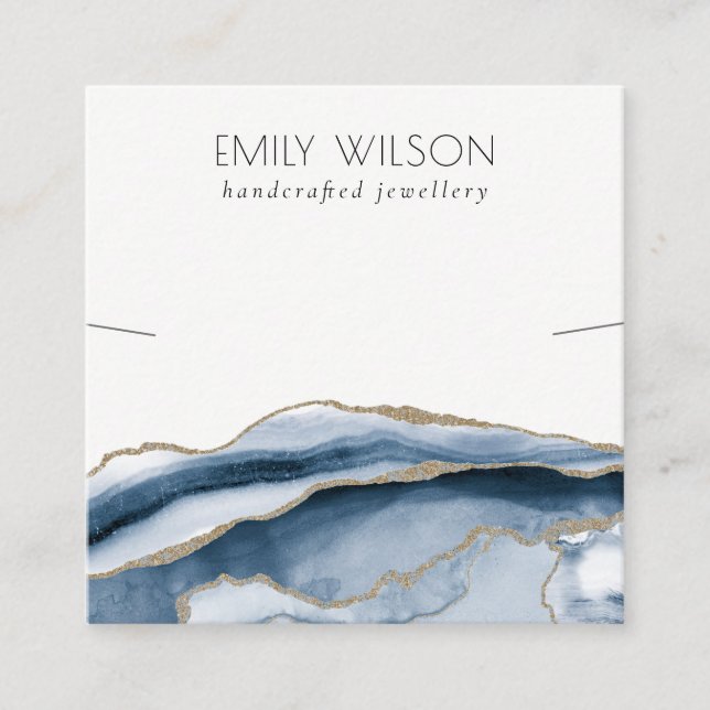Cartão De Visita Quadrado Modelo abstrato Agate Blue Dourado Neclace Banda (Frente)