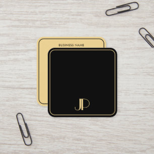 Cartão De Visita Quadrado Modelo de Monograma Elegante Preto-Luxo E Dourado