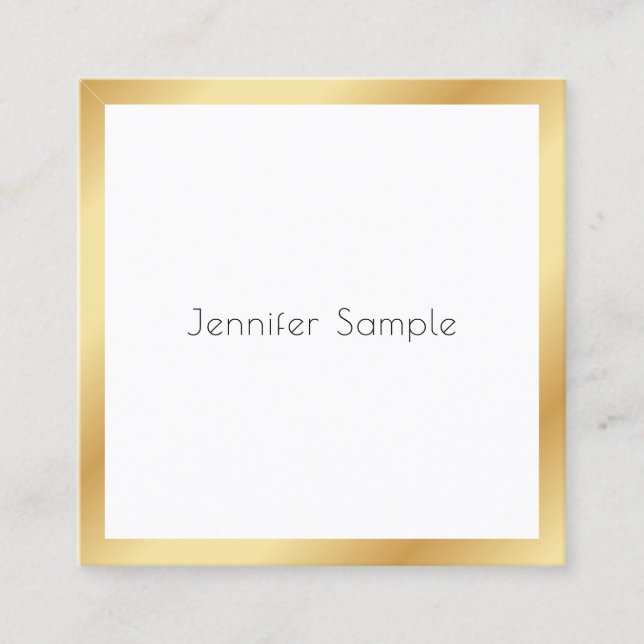 Cartão De Visita Quadrado Modelo Elegante Moderno e Branco Dourado (Frente)