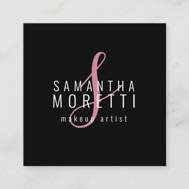 Cartão De Visita Quadrado Moderen Makeup Artist Rosa Preto (Frente)