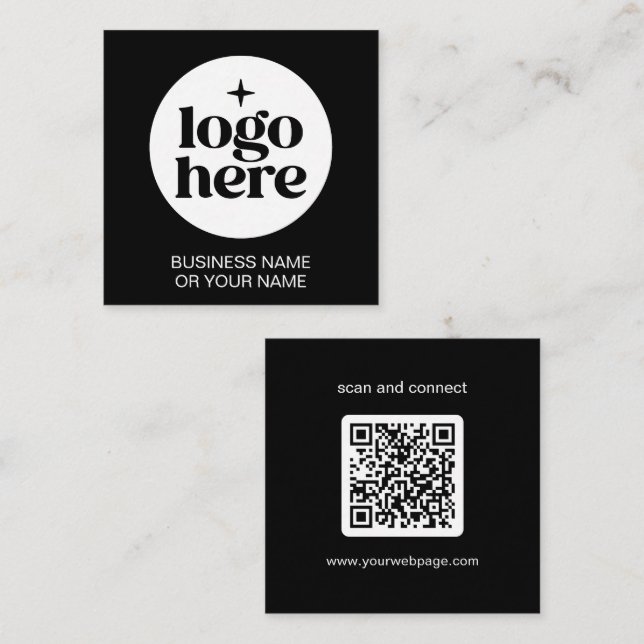 Cartão De Visita Quadrado Modern Black Minimal QR Code Logo (Frente/Verso)