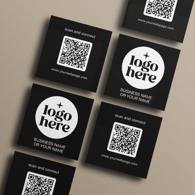 Cartão De Visita Quadrado Modern Black Minimal QR Code Logo (Front and back of 2.5 inch square business card. Choose a corner and paper style.)