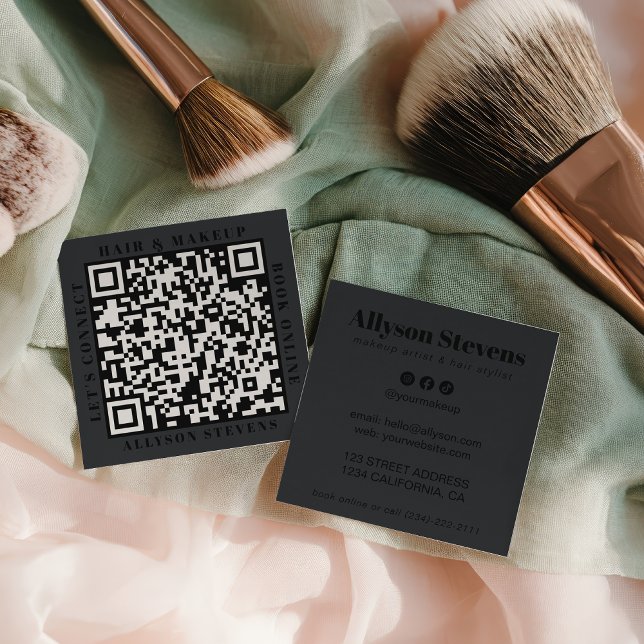 Cartão De Visita Quadrado Modern Black on Black Bold QR Code Hair & Makeup (Modern Black on Black Bold QR Code Hair & Makeup Square Business Card)