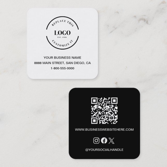 Cartão De Visita Quadrado Modern Black White Business Branding QR code (Frente/Verso)