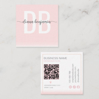 Cartão De Visita Quadrado Modern blush pink and white monogram Qr Code