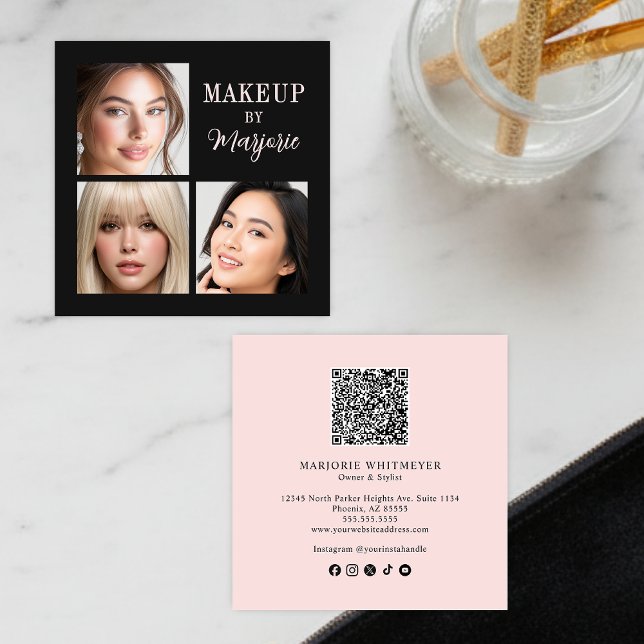 Cartão De Visita Quadrado Modern Blush Pink Black Script 3 Photo Makeup (modern black blush pink script 3 photo makeup square business card elegant)