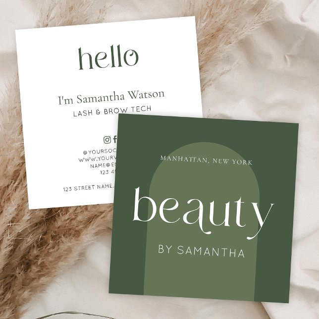 Cartão De Visita Quadrado Modern Boho Sage Green Lash Brows Beauticista (Modern beauty salon business cards in boho sage green aesthetic with trendy display fonts)