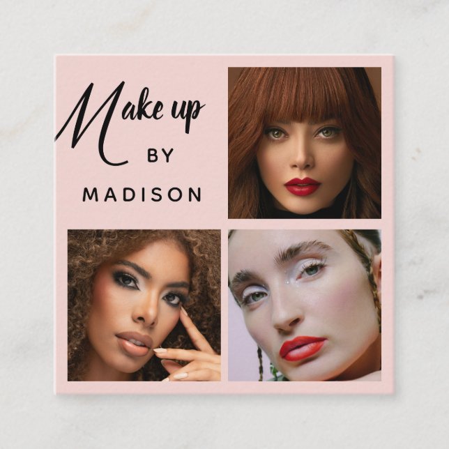 Cartão De Visita Quadrado Modern Bold Black Script 3 Photo Makeup (Frente)