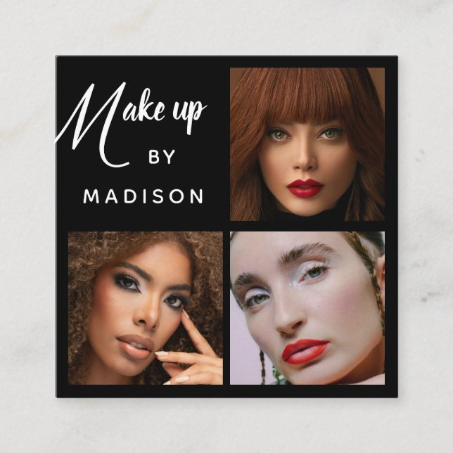 Cartão De Visita Quadrado Modern Bold White Script 3 Photo Makeup (Frente)