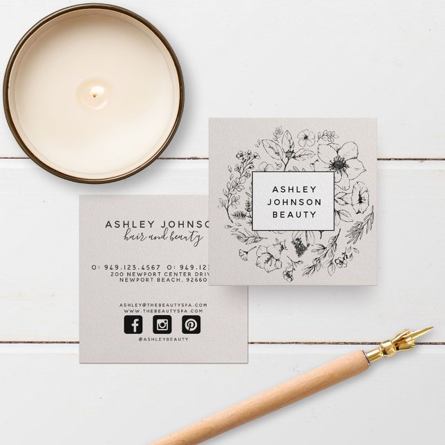 Cartão De Visita Quadrado Modern Botanical Blush Pink white and Black (Criador carregado)