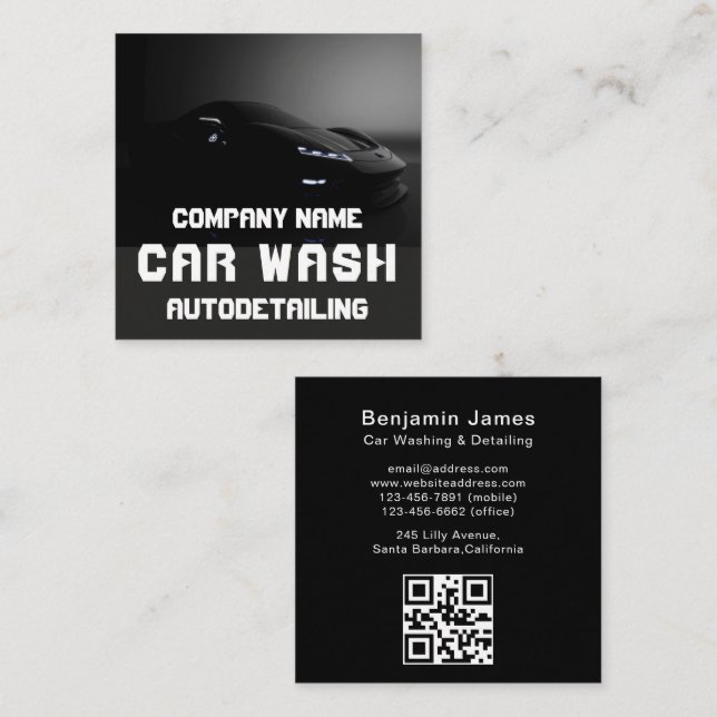 Cartão De Visita Quadrado Modern Car Wash Automotive Cleaning QR Code  (Frente/Verso)