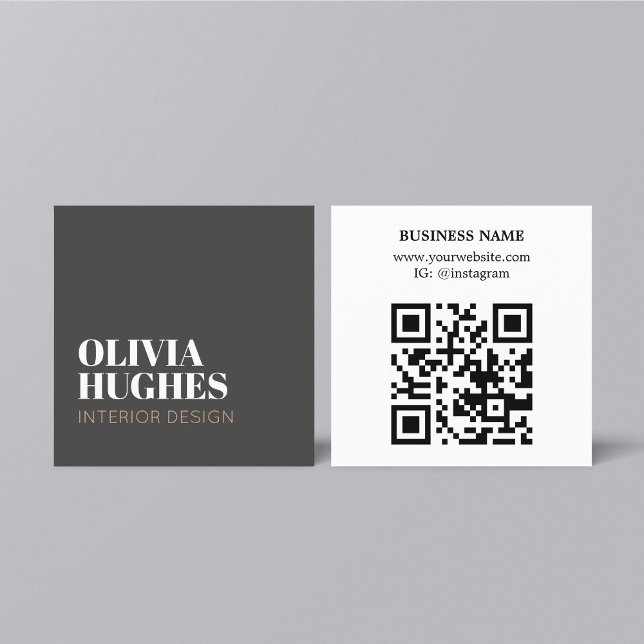 Cartão De Visita Quadrado Modern Chic Dark Grey White Brown QR code (Criador carregado)