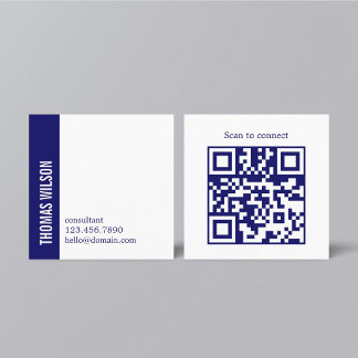 Cartão De Visita Quadrado Modern Clean Bold Blue White Consultant QR code