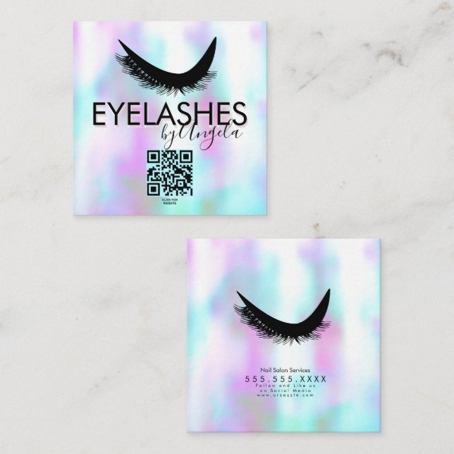 Cartão De Visita Quadrado Modern Eyelashes Salon Beauty Faux Holographic (Frente/Verso)