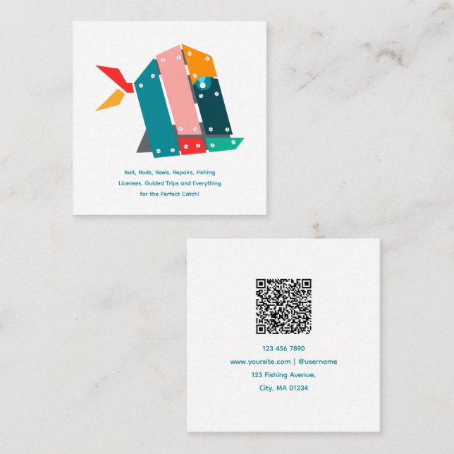 Cartão De Visita Quadrado Modern Fishing Business Card with QR Code (Frente/Verso)