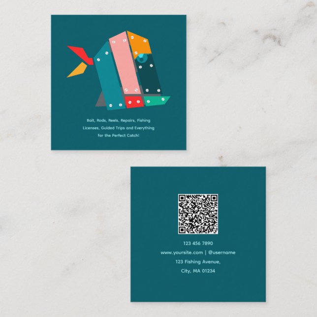 Cartão De Visita Quadrado Modern Fishing Business Card with QR Code (Frente/Verso)