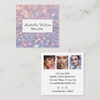 Cartão De Visita Quadrado Modern Holographic Makeup Artist Rainbow Gold