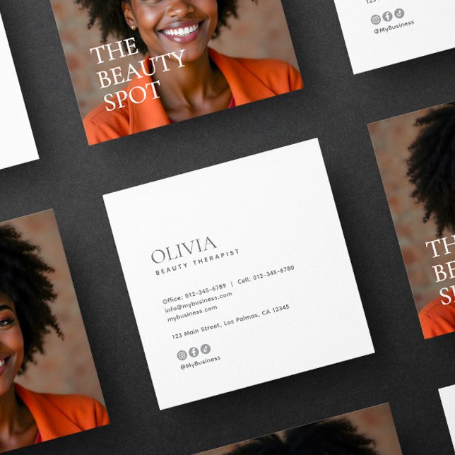 Cartão De Visita Quadrado Modern Minimalist Photo & Socials Beauty (Criador carregado)
