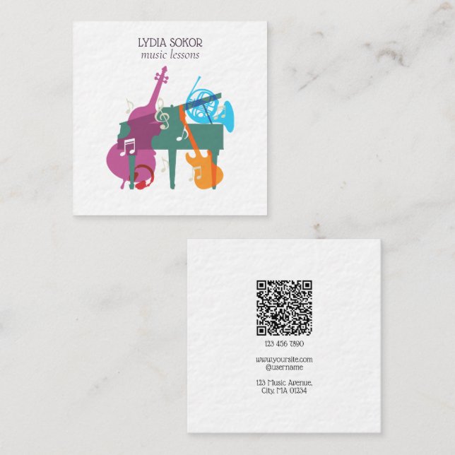 Cartão De Visita Quadrado Modern Multi-Instrument Music Business Card (Frente/Verso)