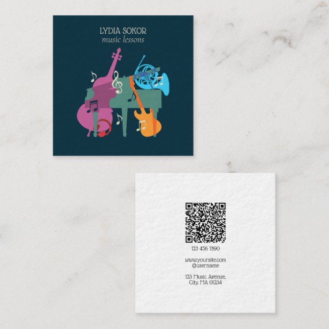 Cartão De Visita Quadrado Modern Multi-Instrument Music Business Card (Frente/Verso)