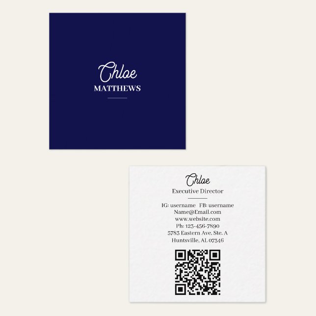 Cartão De Visita Quadrado Modern Navy Blue Business Card with QR Code (Criador carregado)
