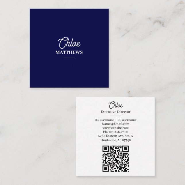 Cartão De Visita Quadrado Modern Navy Blue Business Card with QR Code (Frente/Verso)