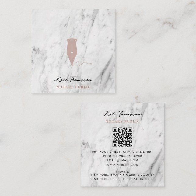 Cartão De Visita Quadrado Modern Notary Signing Agent QR Code Marble Pink (Frente/Verso)