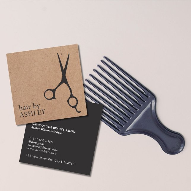Cartão De Visita Quadrado Modern Printed Kraft Black Scissors Hair Stylist (Criador carregado)