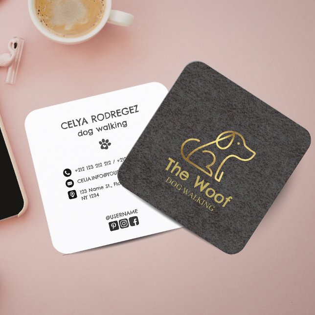 Cartão De Visita Quadrado Modern & Professional Dog Walker Business Card (Professional Dog Walker Business Card with Modern Paw Print and Social Media Icons)