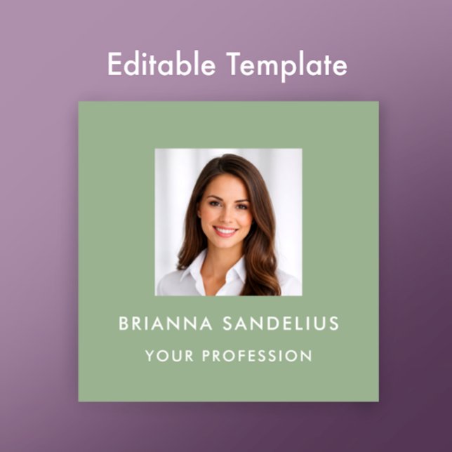 Cartão De Visita Quadrado Modern Sage Green Photo Template Professional (Customize this photo business card template with your custom modern stylish script on sage green. 
)