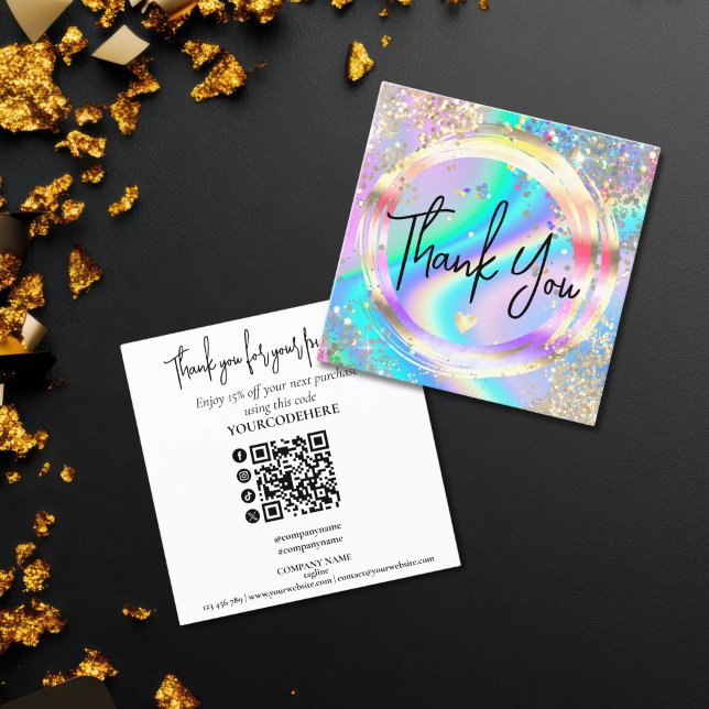 Cartão De Visita Quadrado modern script holographic thank you for your order (holographic glitter thank you for your business card)