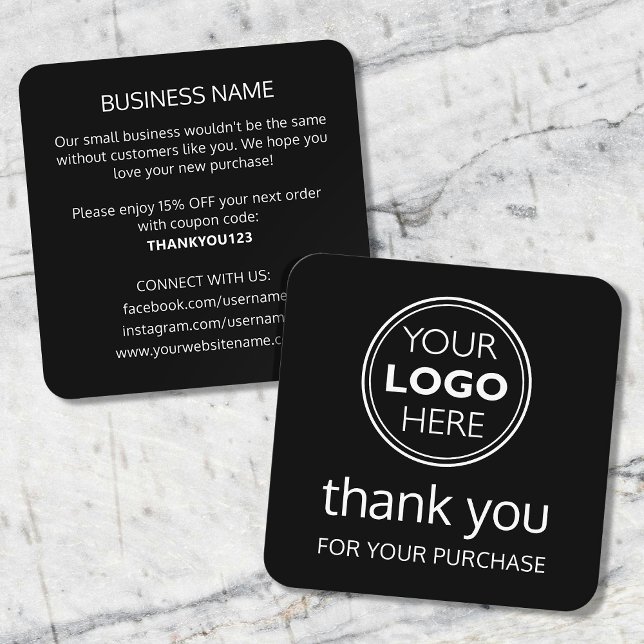 Cartão De Visita Quadrado Modern Thank You Logo Small Business Black White (Criador carregado)