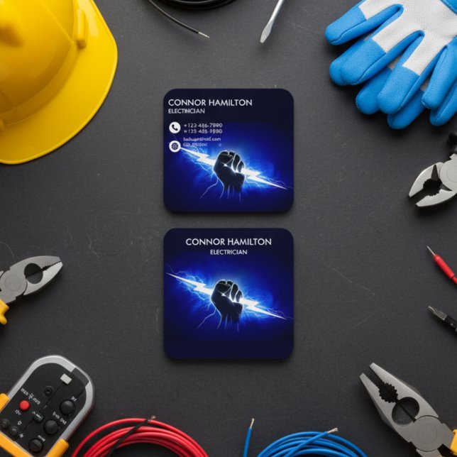 Cartão De Visita Quadrado Modern Trendy Cool Blue Lightning Electrician Busi (Criador carregado)