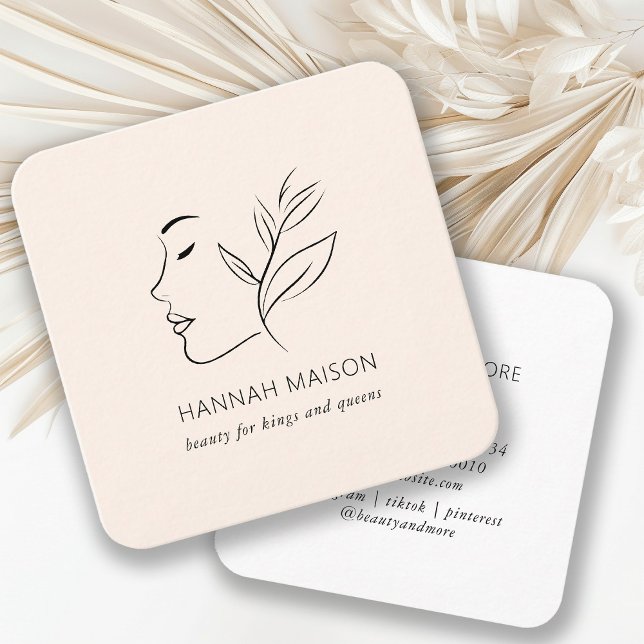 Cartão De Visita Quadrado Moderna, Arte em Linha, Mulher, Leafy, Salão, Beig (Criador carregado)