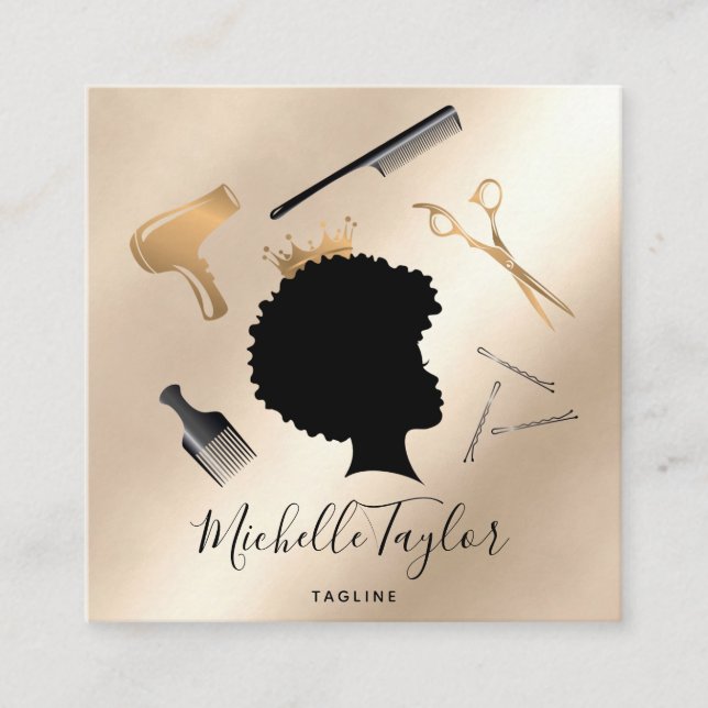 Cartão De Visita Quadrado Moderna Elegante Hairstylist Mulher Afro-Americana (Frente)